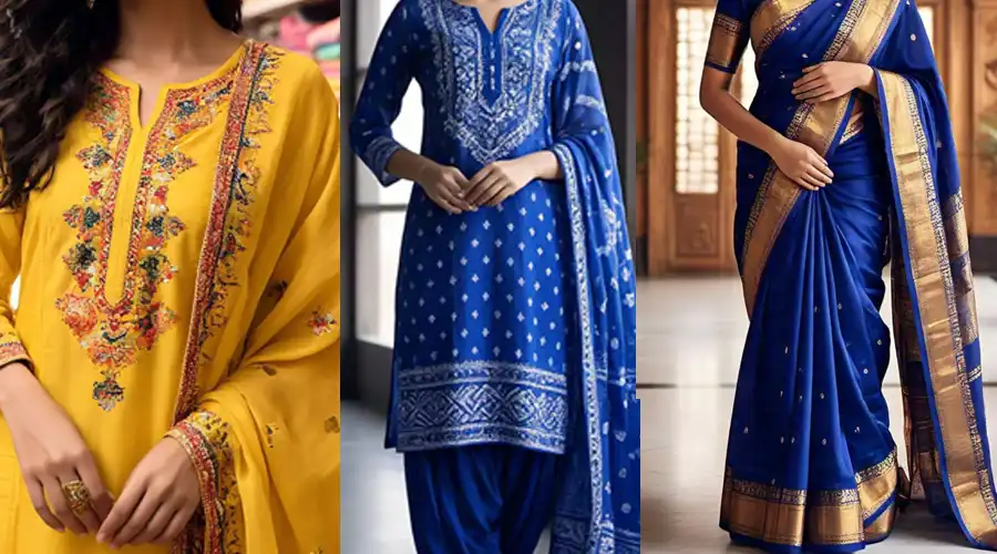 Elegant festival dress for women featuring vibrant colors, traditional patterns, and festive designs